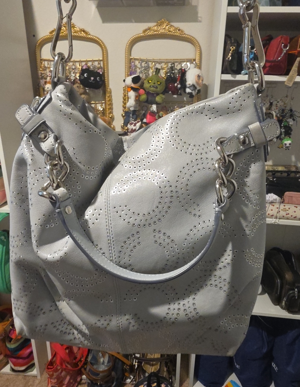 Coach Perforated Circle Hobo Shoulder Bag in Light Gray
